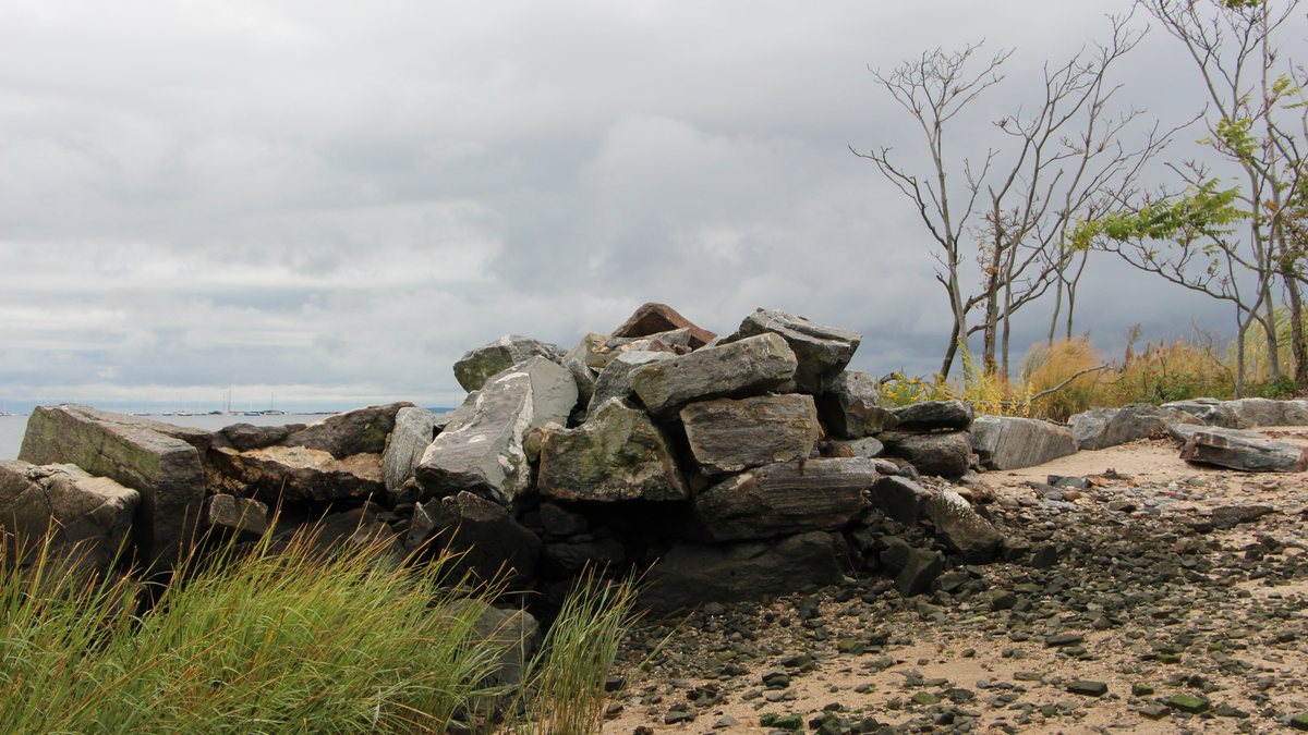 The rocky shoreline along the WHHS waterfront